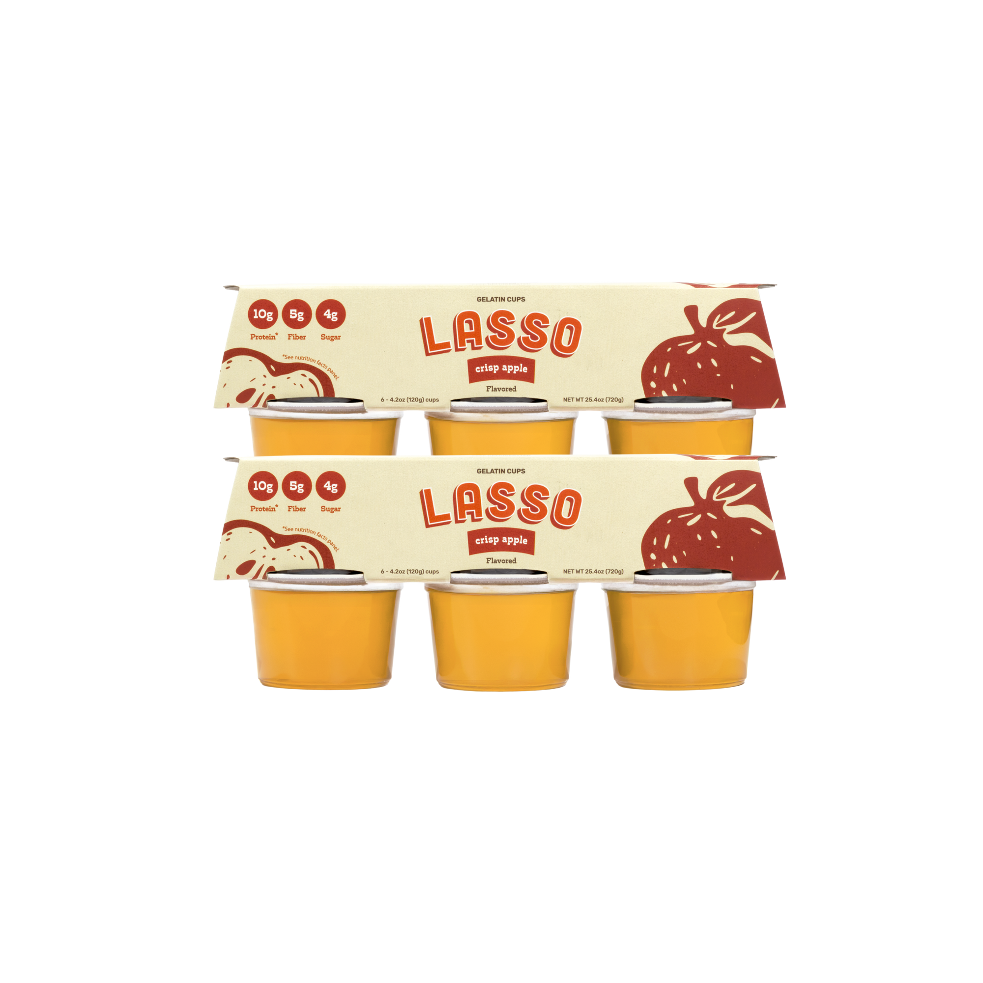 2 packages of Lasso brand crisp apple gelatin packs on a white background