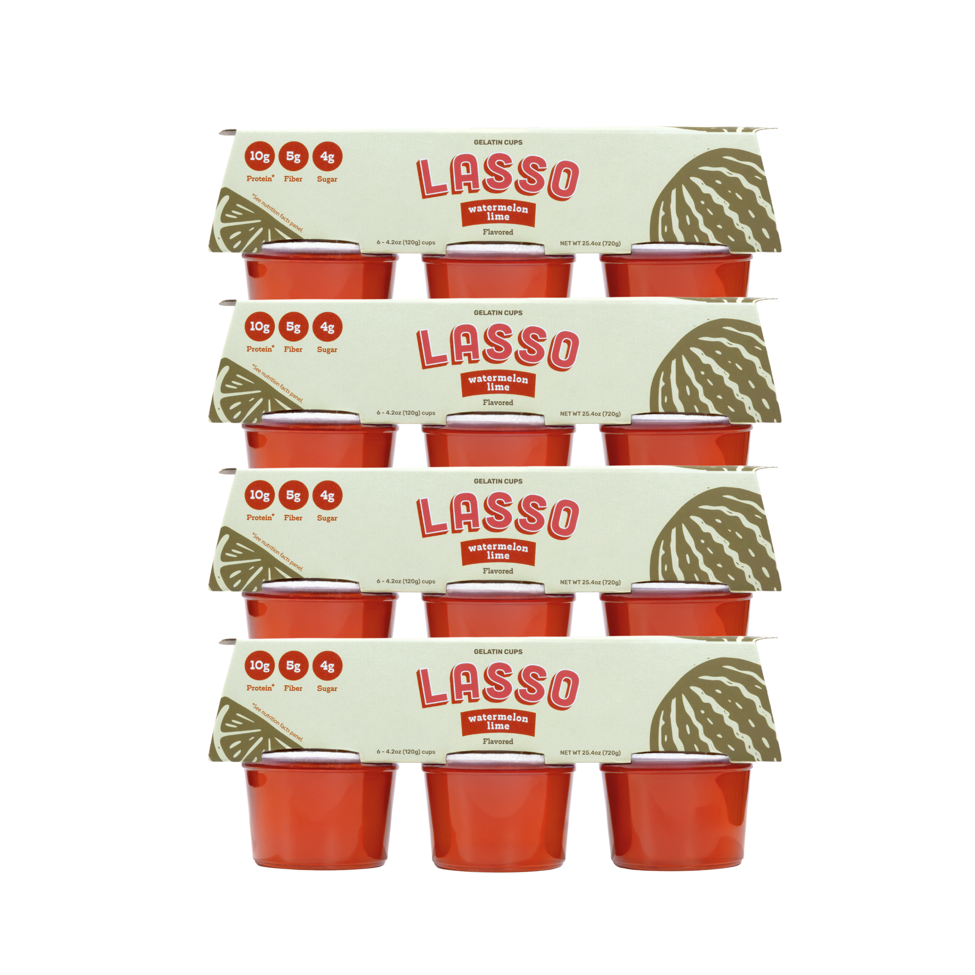 4 packages of Lasso brand watermelon lime gelatin packs on a white background