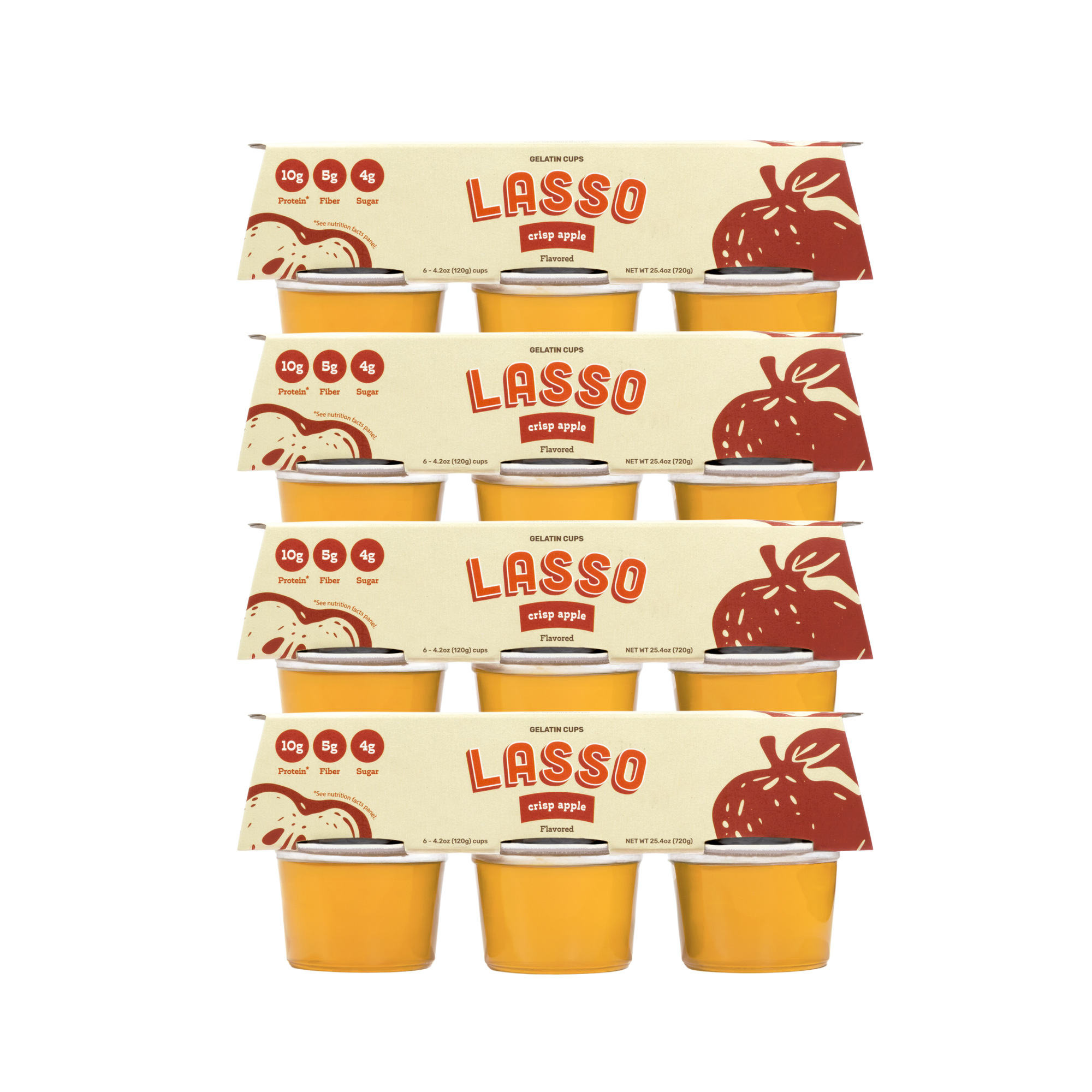 4 packages of Lasso brand crisp apple gelatin packs on a white background