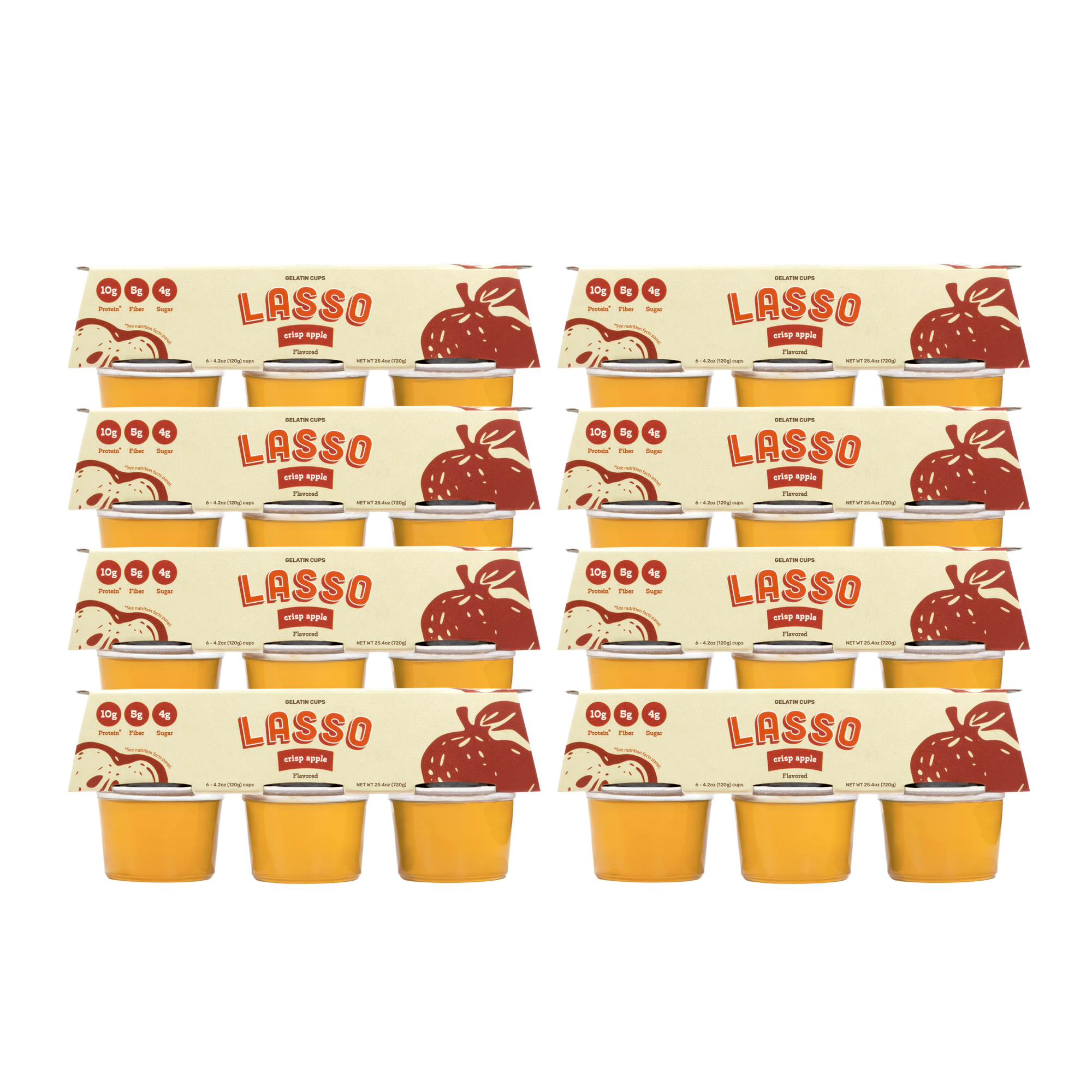 8 packages of Lasso brand crisp apple gelatin packs on a white background
