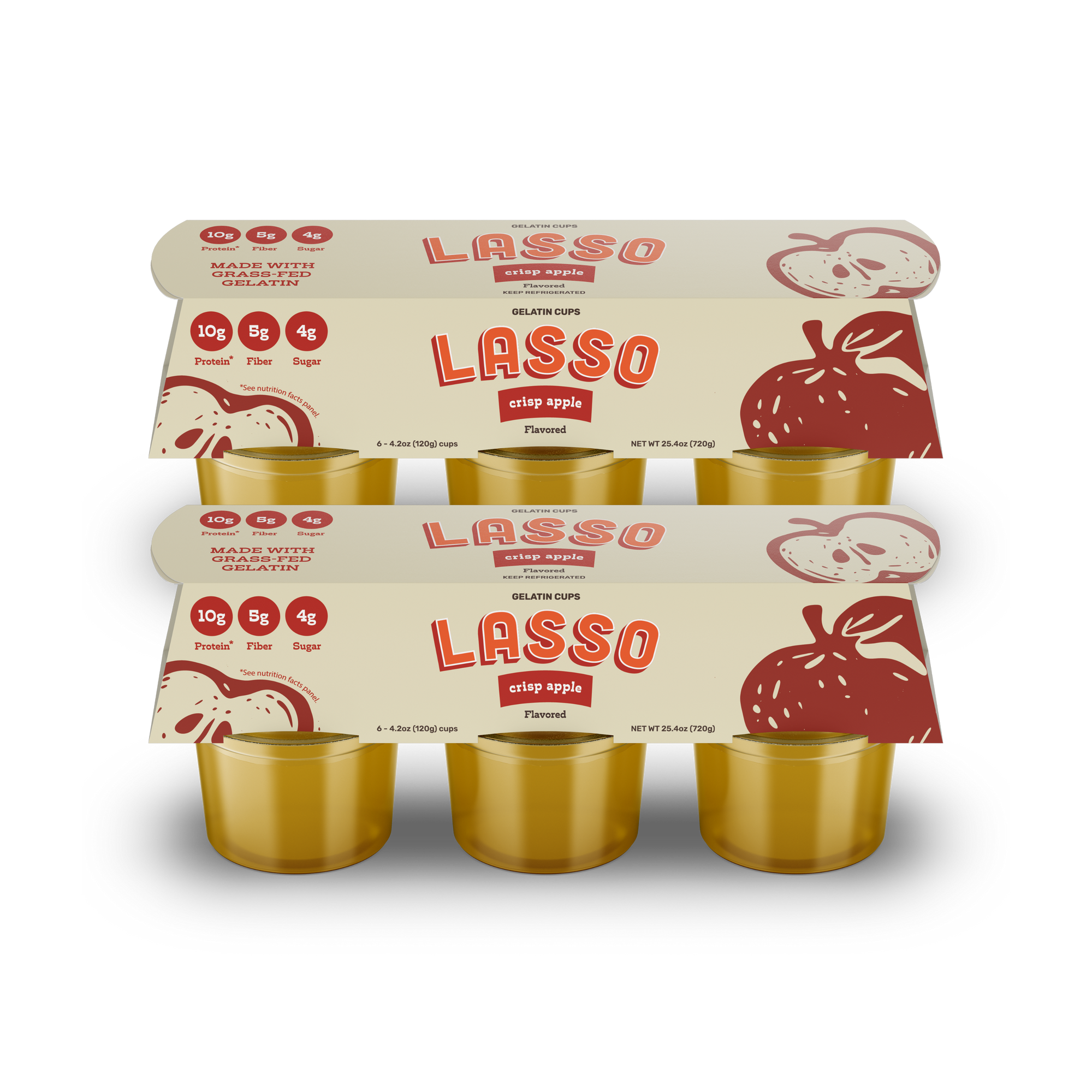 2 packages of Lasso brand crisp apple gelatin packs on a white background