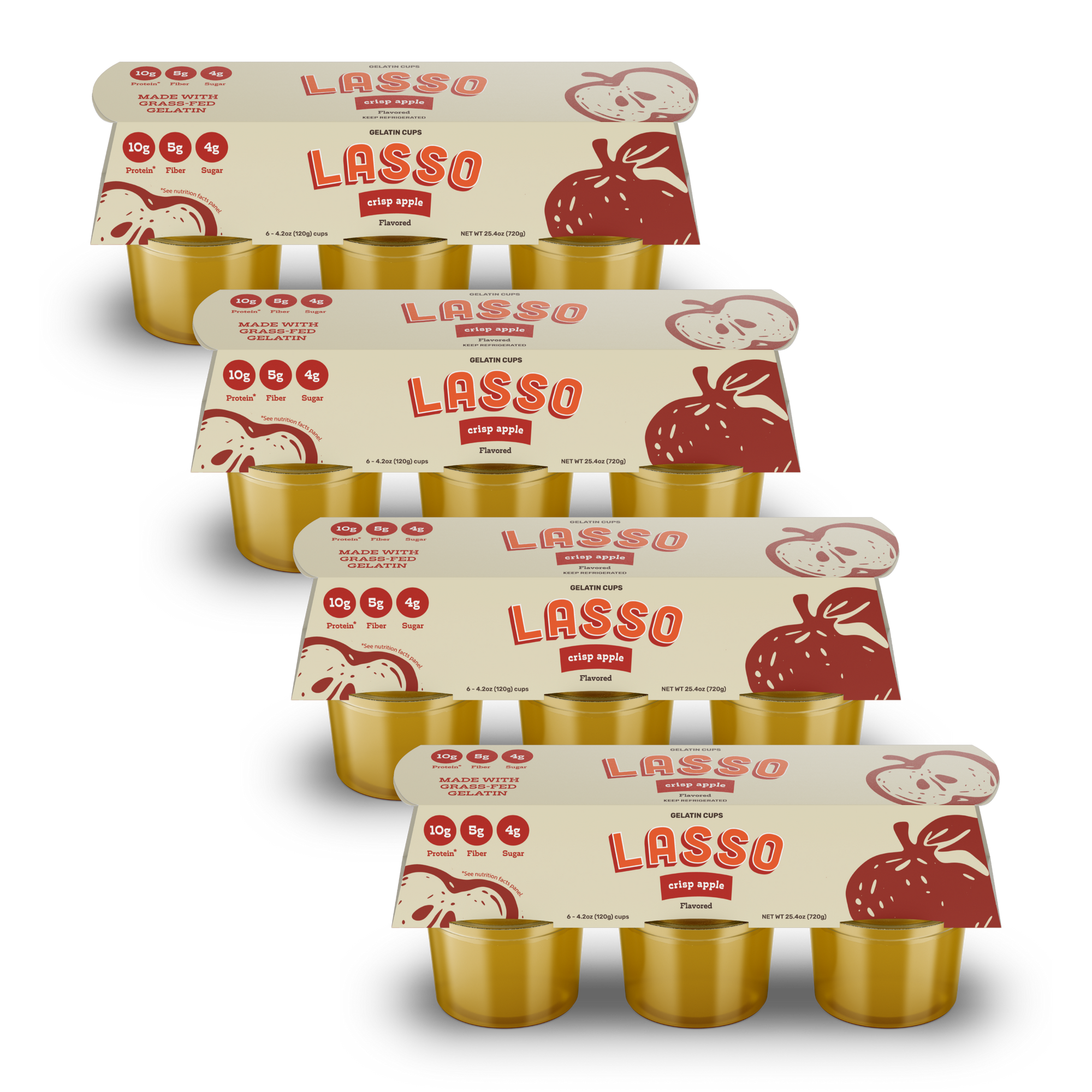 4 packages of Lasso brand crisp apple gelatin packs on a white background