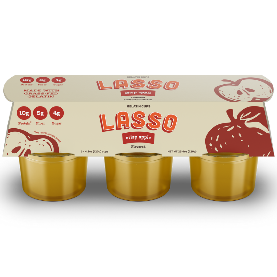 Single 6 pack Lasso brand crisp apple gelatin on a white background