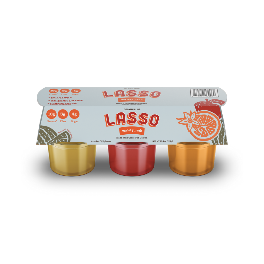 1 pack of Lasso brand variety gelatin packs on a white background