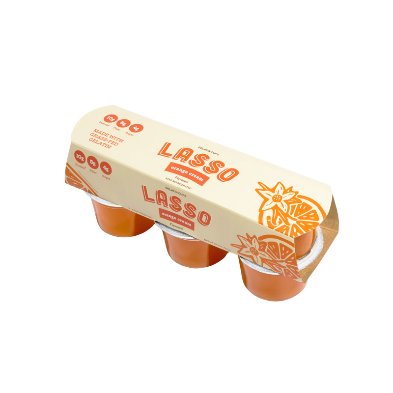 Single 6 pack Lasso brand orange cream gelatin on a white background