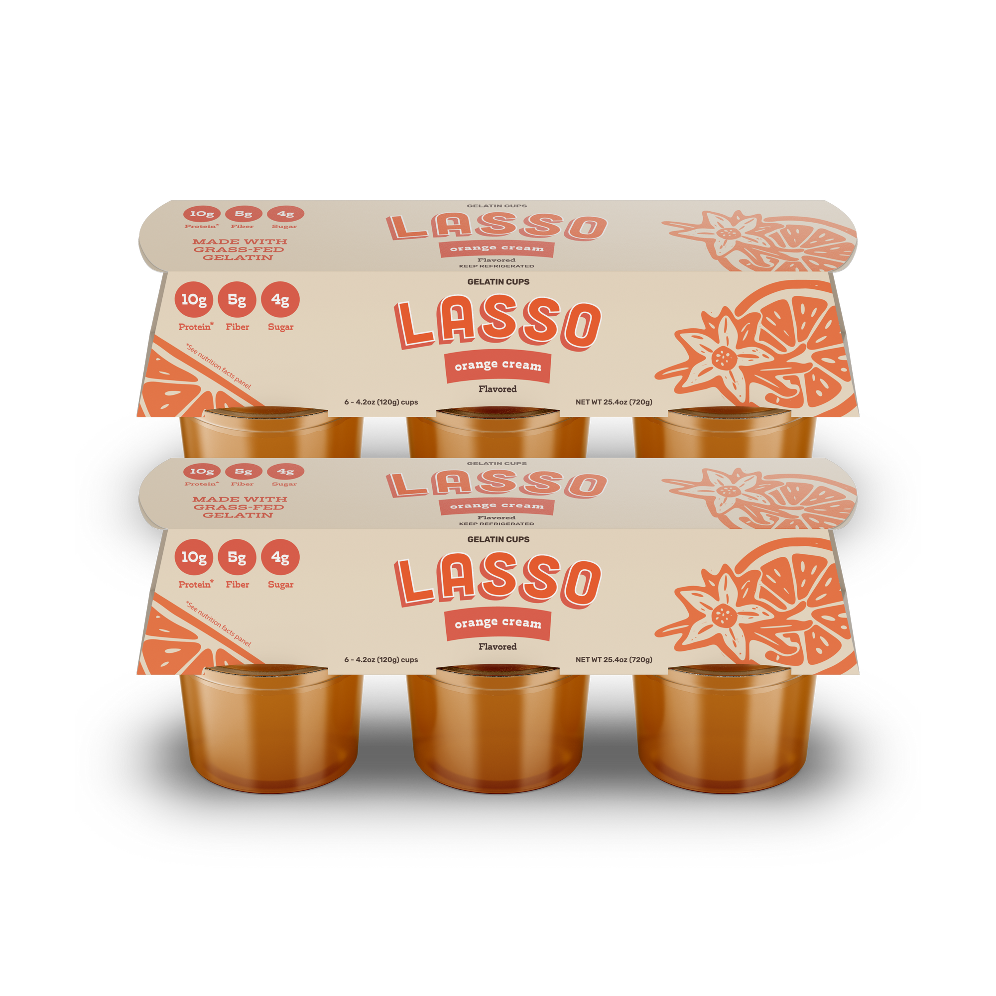 2 packages of Lasso brand orange cream gelatin packs on a white background
