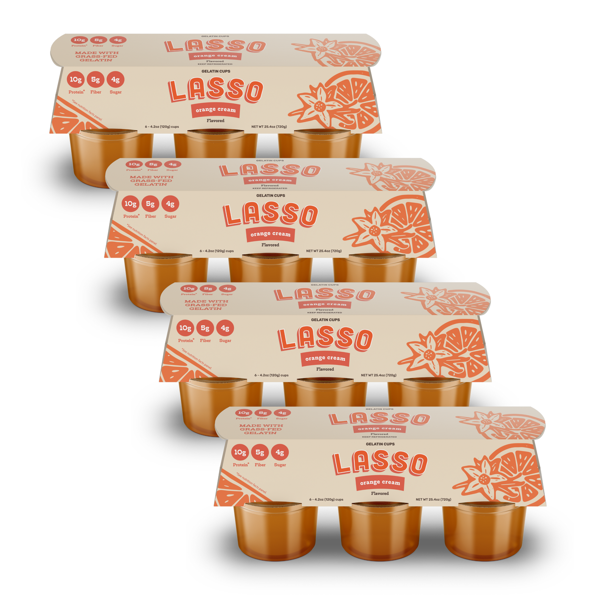 4 packages of Lasso brand orange cream gelatin packs on a white background