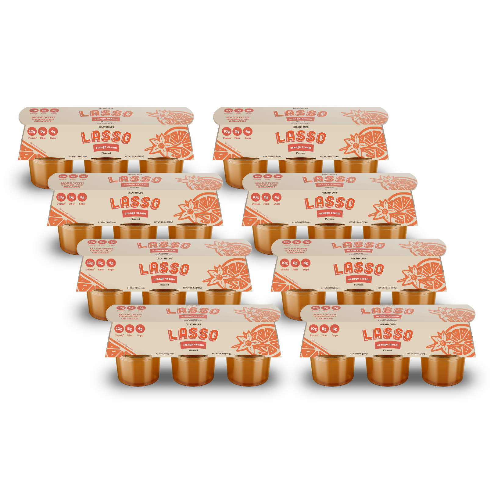 8 packages of Lasso brand orange cream gelatin packs on a white background
