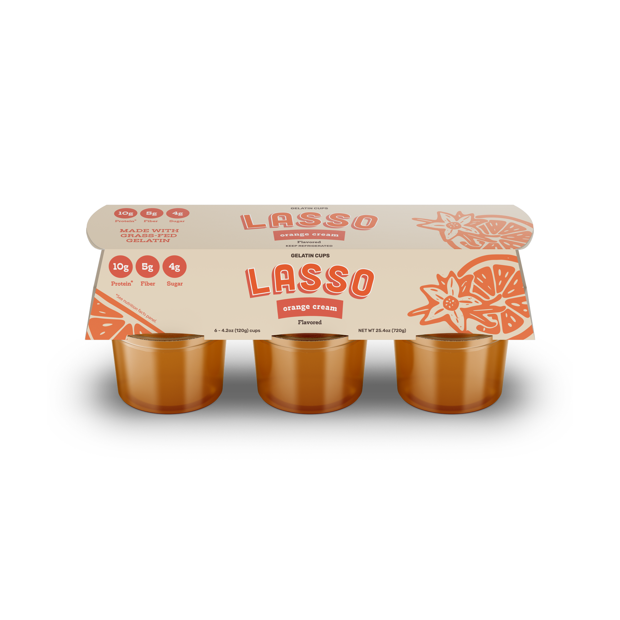 Single 6 pack Lasso brand orange cream gelatin on a white background