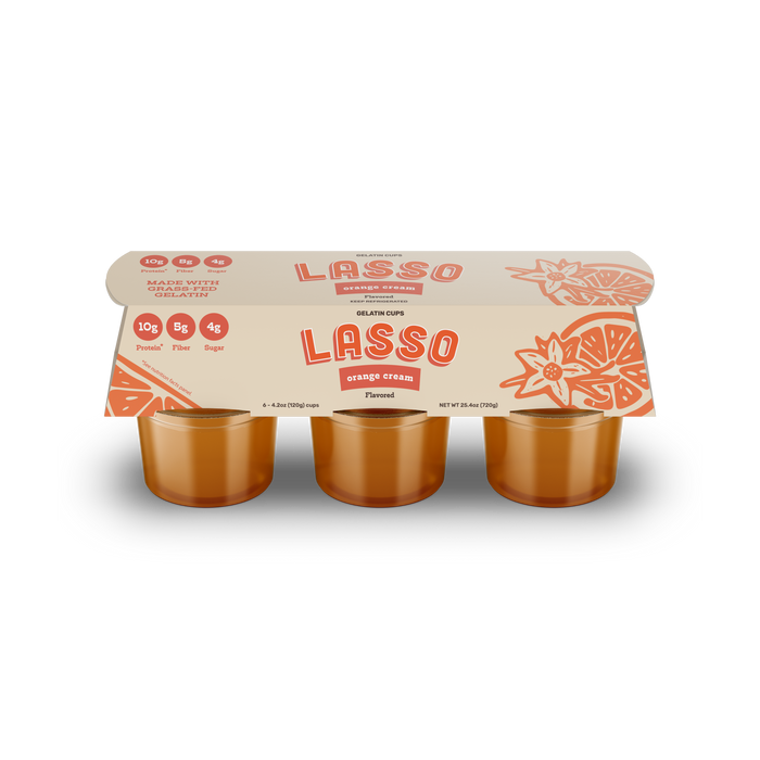 Single 6 pack Lasso brand orange cream gelatin on a white background