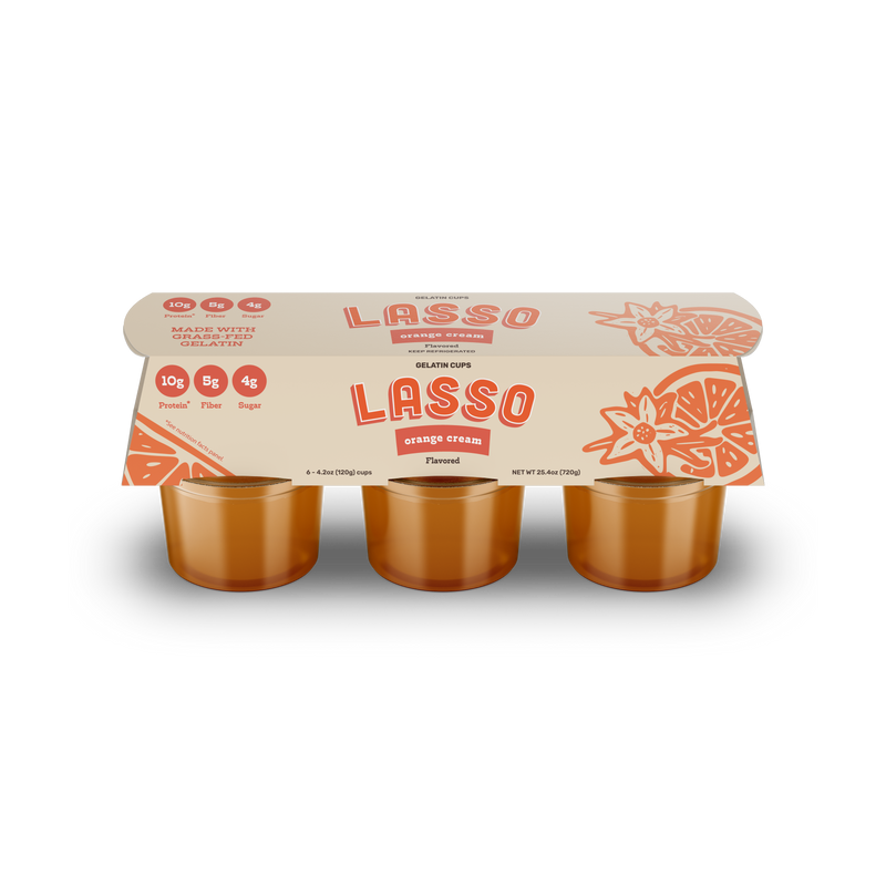 Single 6 pack Lasso brand orange cream gelatin on a white background