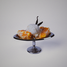 Ice cream scoop with orange segments and a vanilla bean on a silver dish against a light gray background