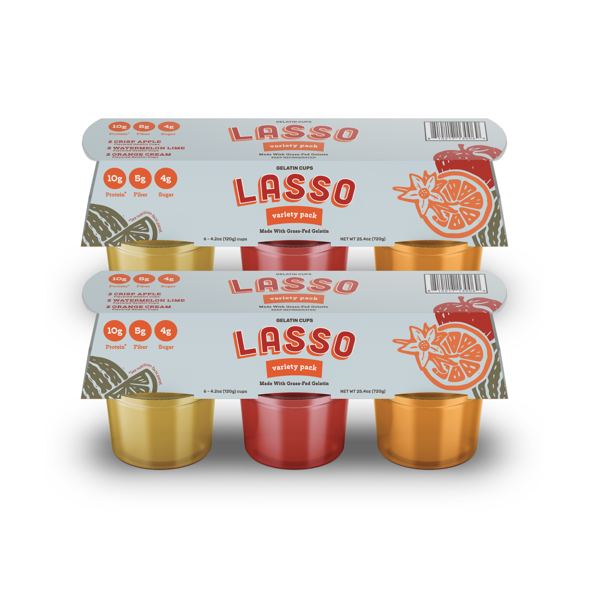 2 packages of Lasso brand variety gelatin packs on a white background