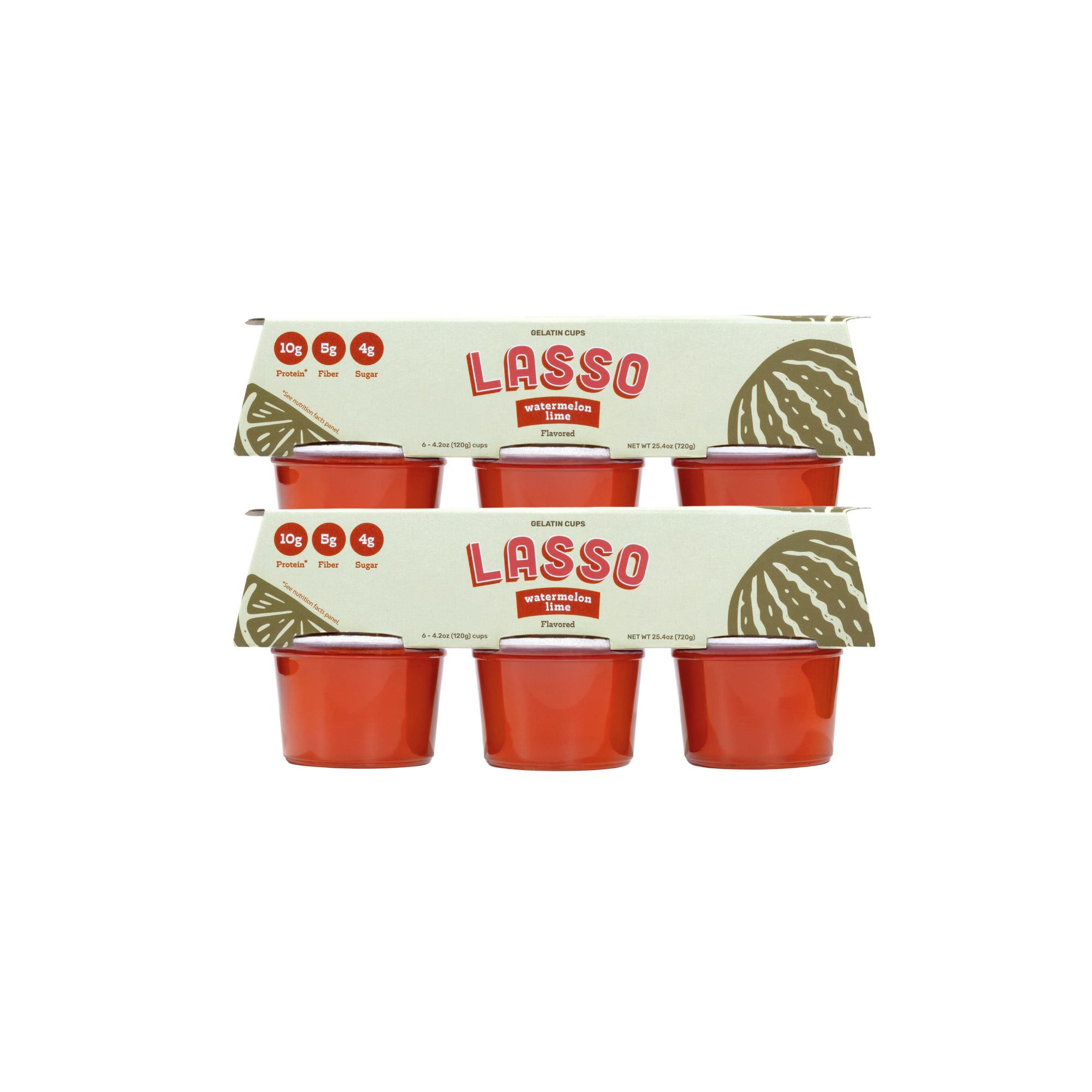2 packages of Lasso brand watermelon lime gelatin packs on a white background