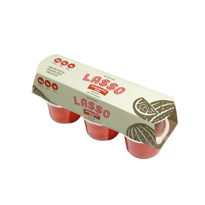 Single 6 pack Lasso brand watermelon lime gelatin on a white background