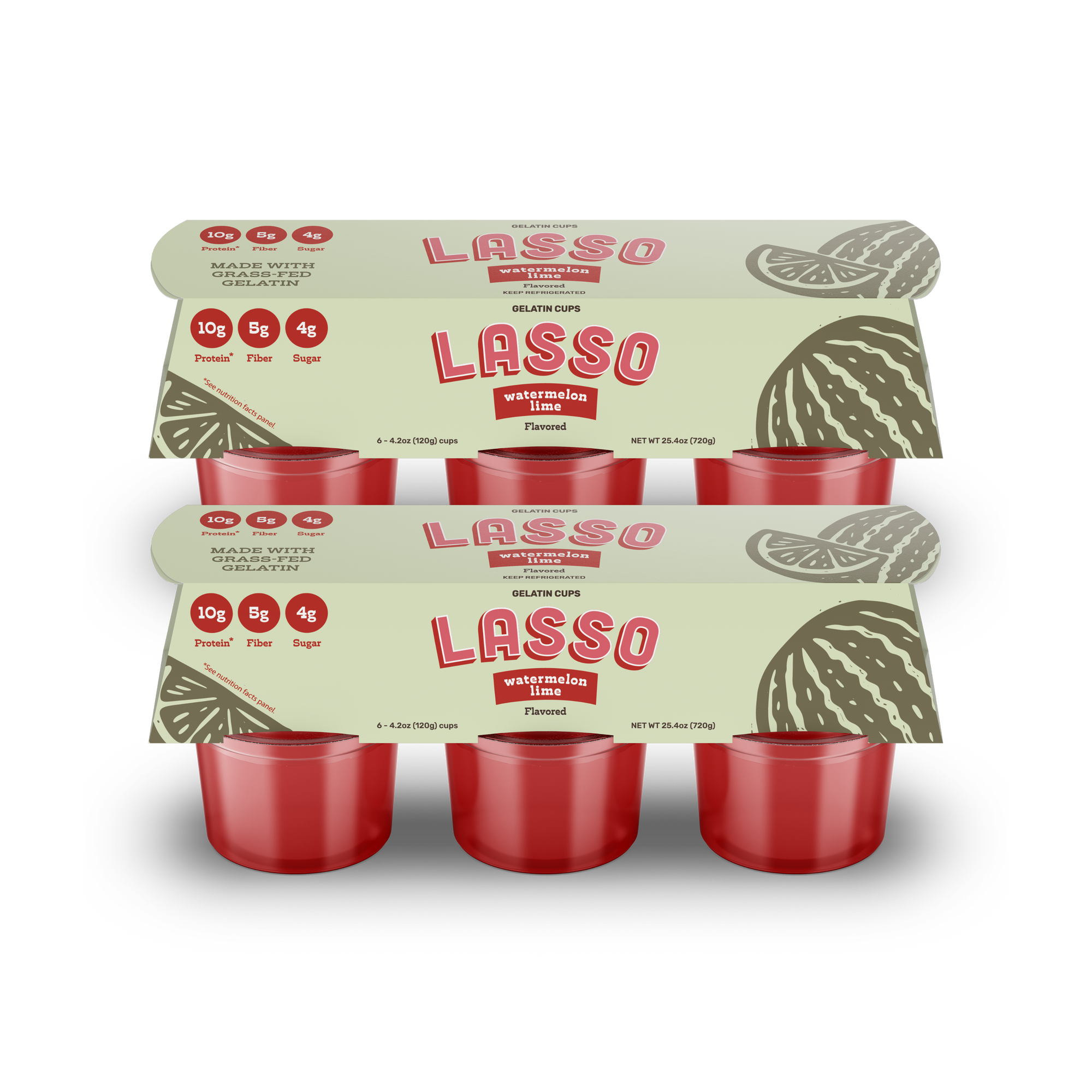 2 packages of Lasso brand watermelon lime gelatin packs on a white background
