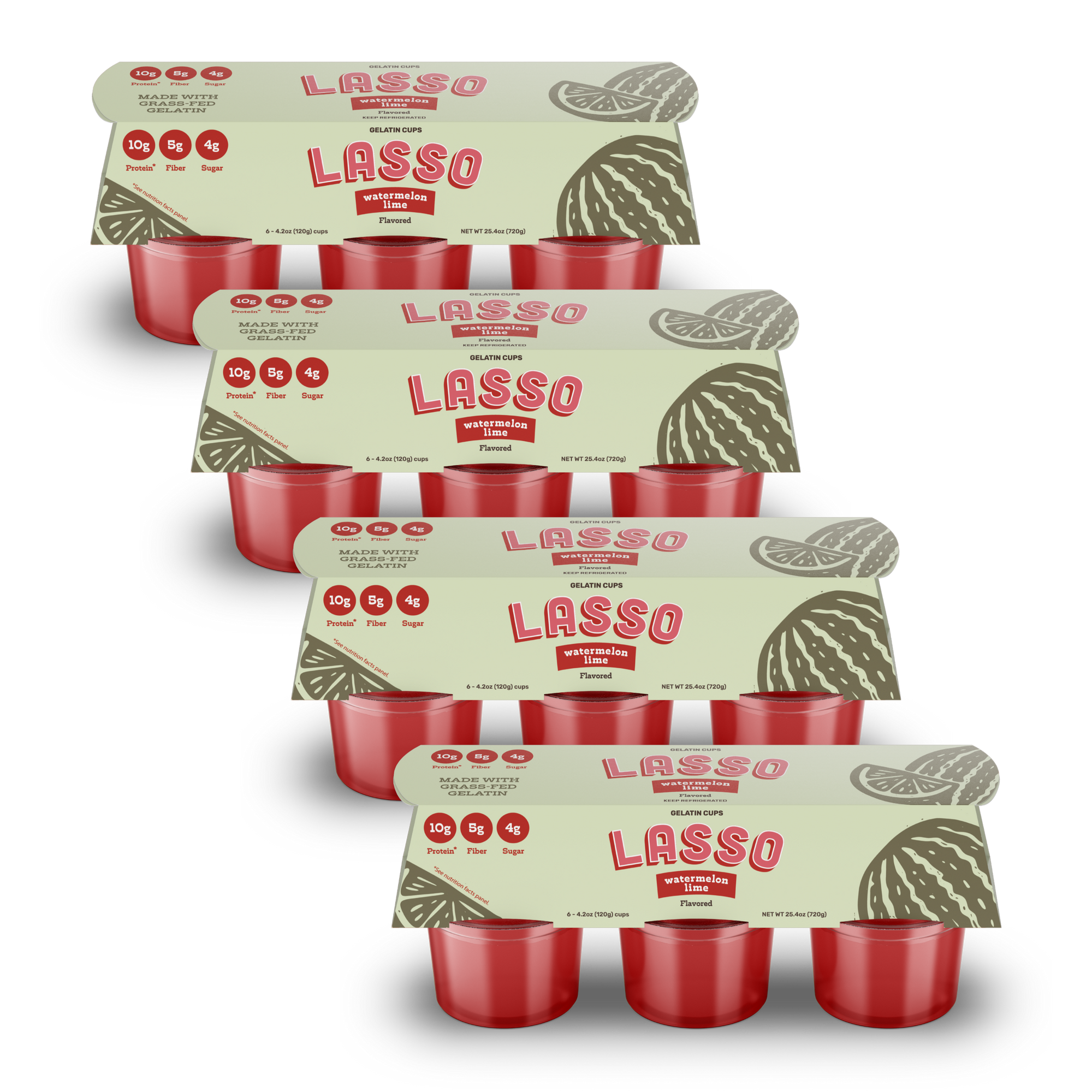 4 packages of Lasso brand watermelon lime gelatin packs on a white background