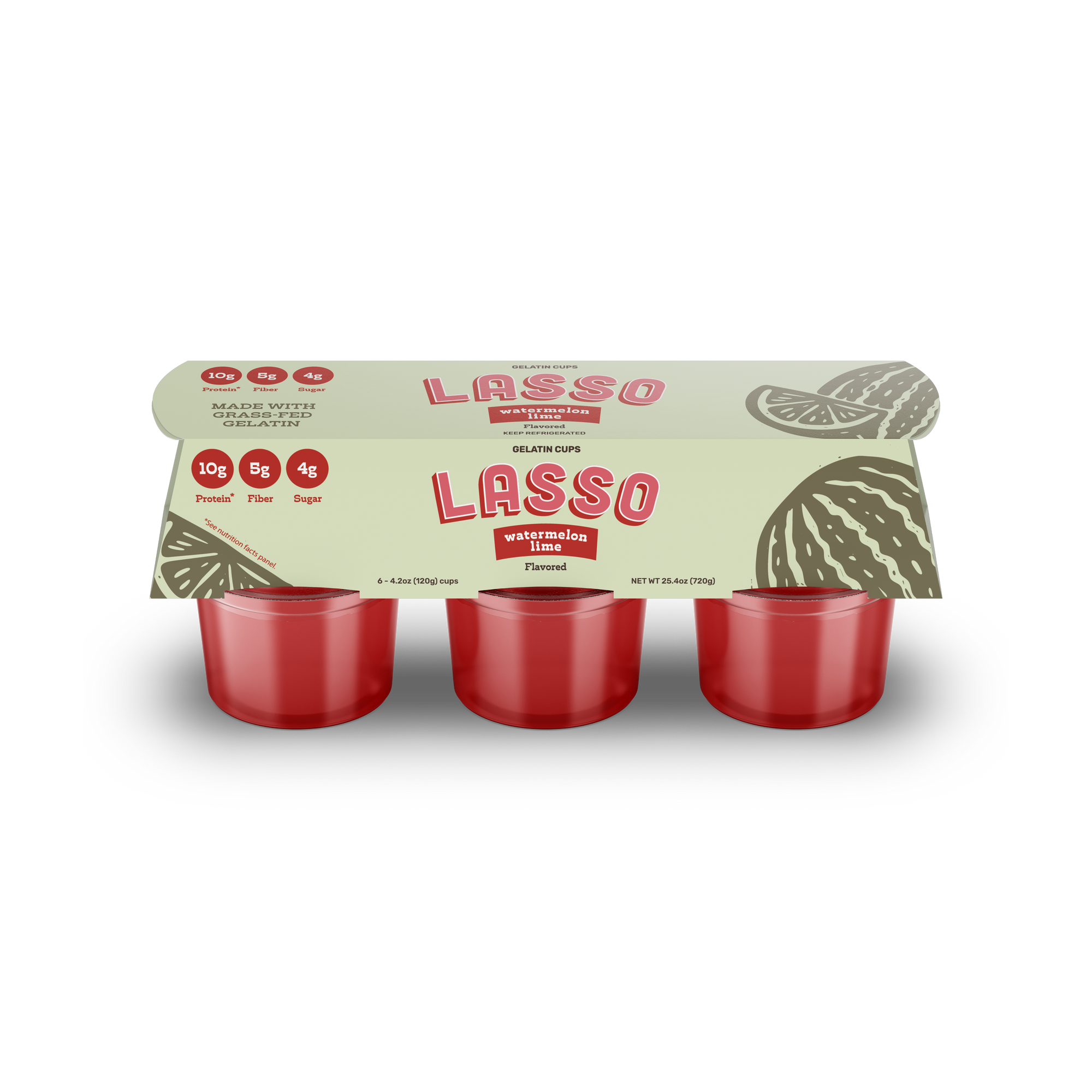 Single 6 pack Lasso brand watermelon lime gelatin on a white background