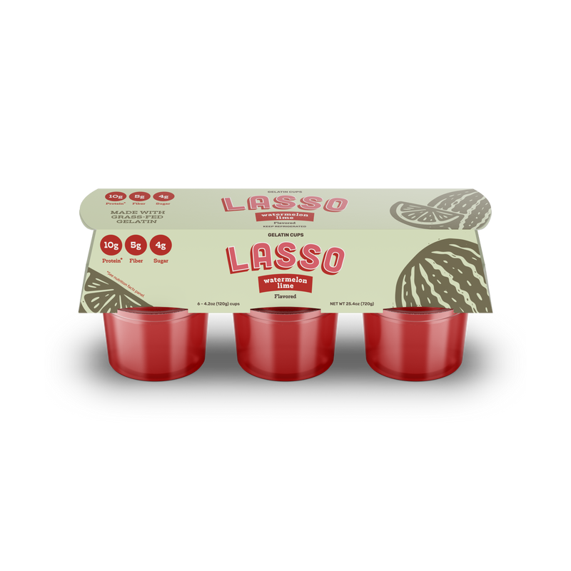 Single 6 pack Lasso brand watermelon lime gelatin on a white background