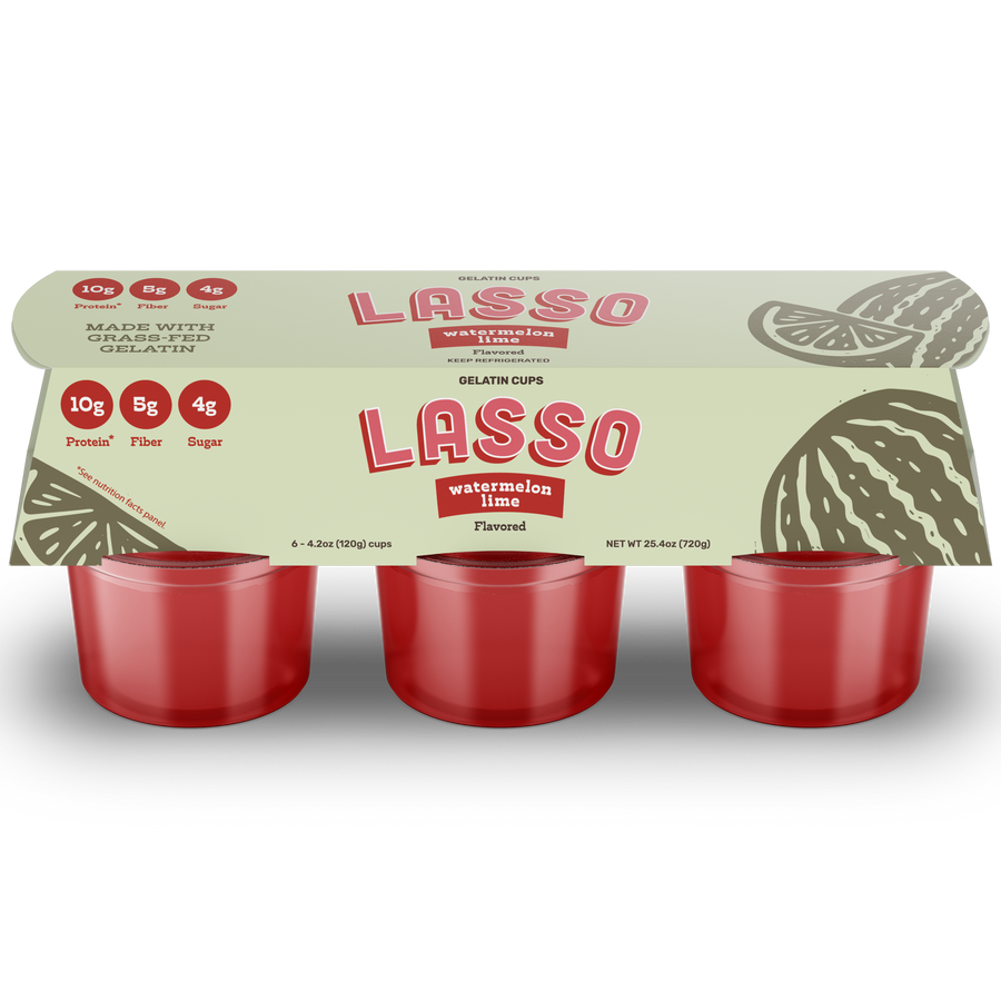 Single 6 pack Lasso brand watermelon lime gelatin on a white background