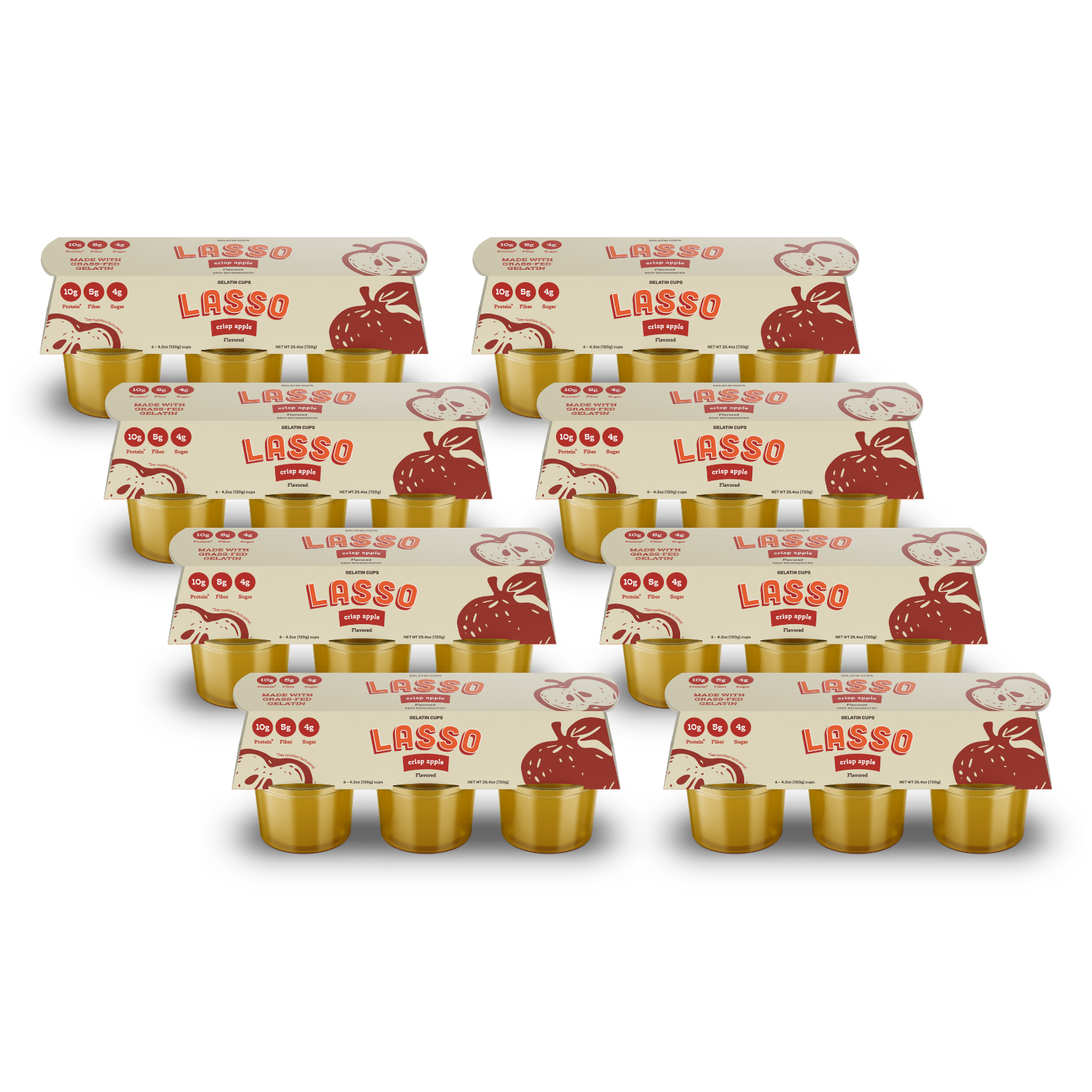 8 packages of Lasso brand crisp apple gelatin packs on a white background