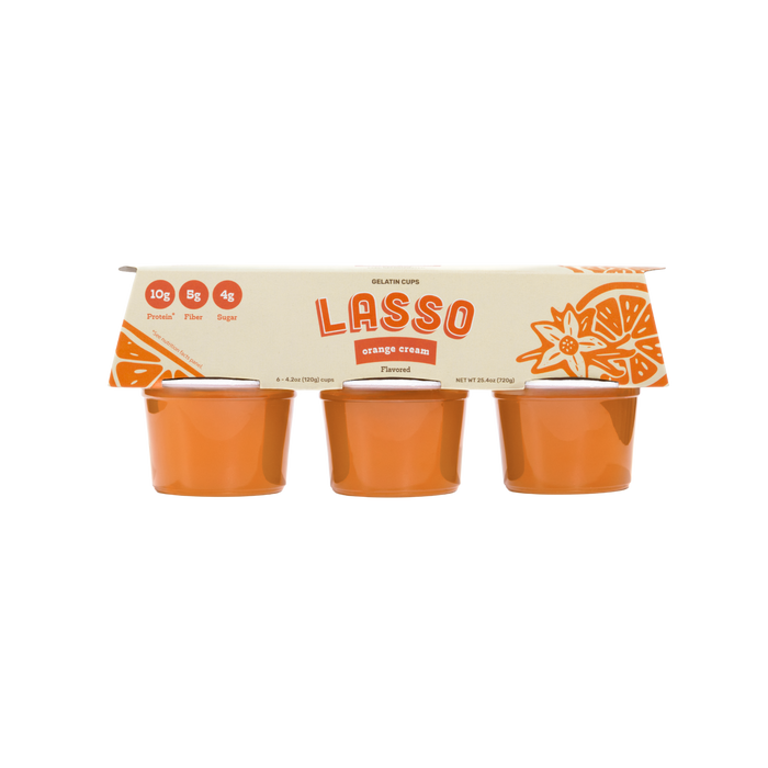 1 package of Lasso brand orange cream gelatin packs on a white background