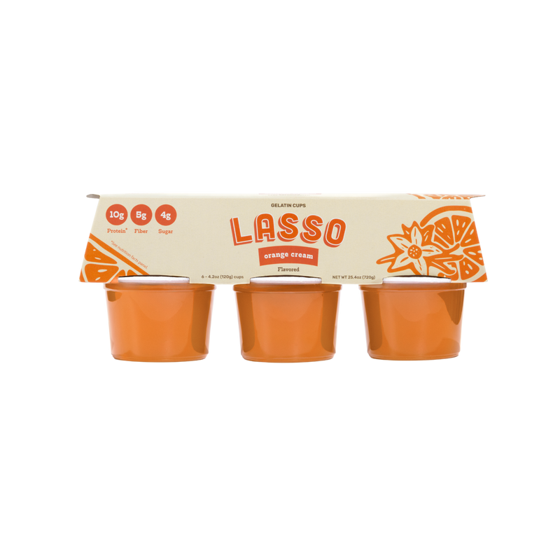 1 package of Lasso brand orange cream gelatin packs on a white background