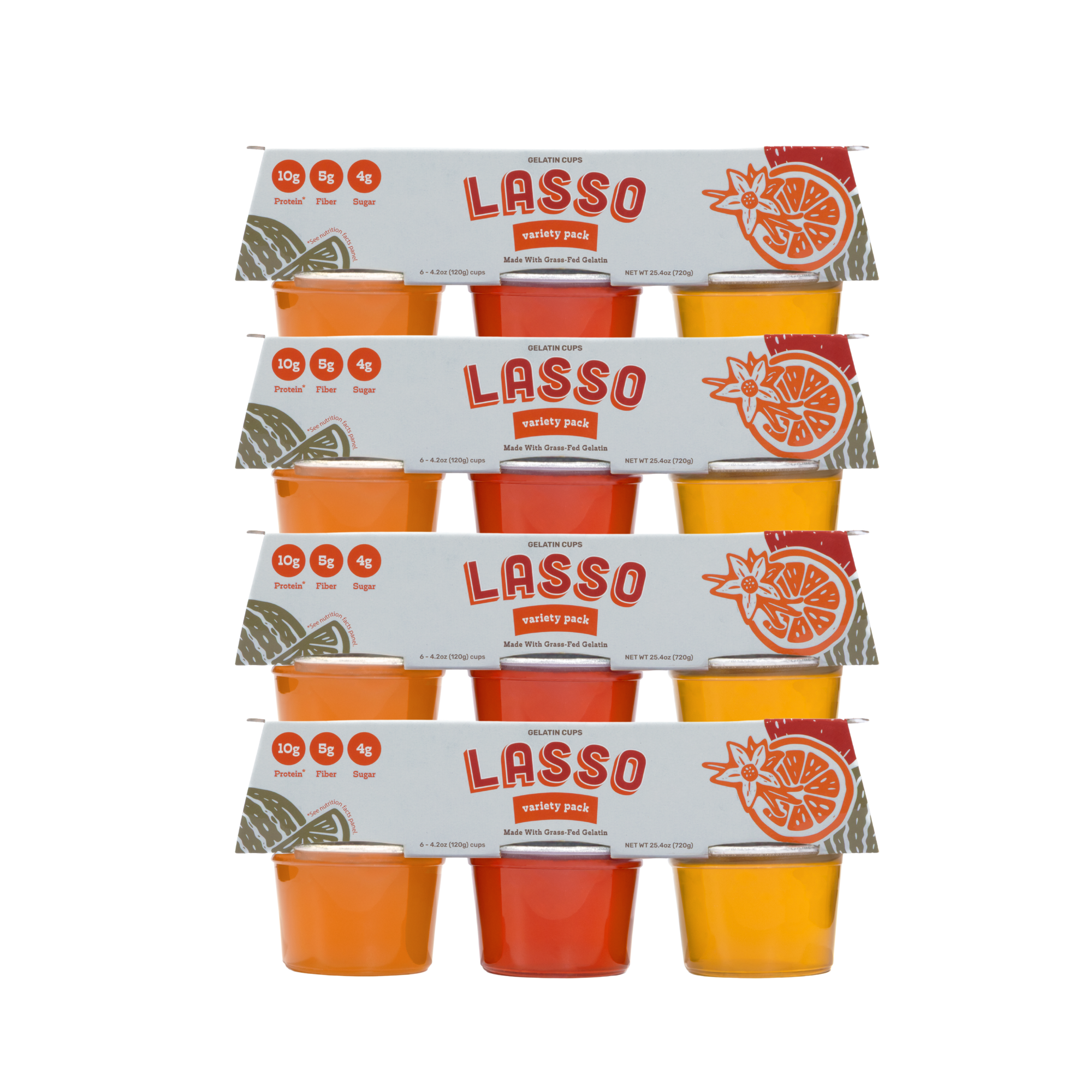 4 pack of Lasso brand variety gelatin packs on a white background