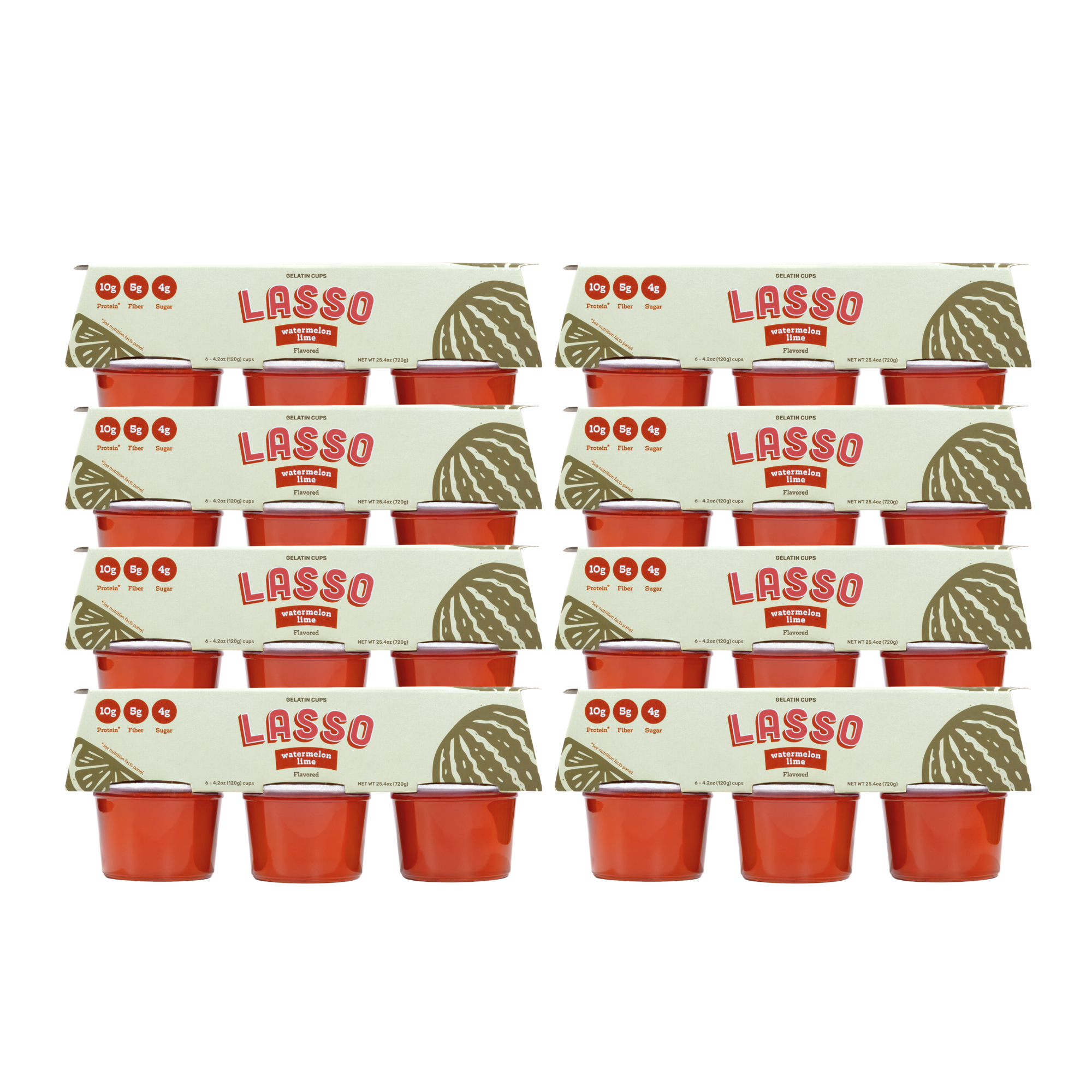 8 packages of Lasso brand watermelon lime gelatin packs on a white background